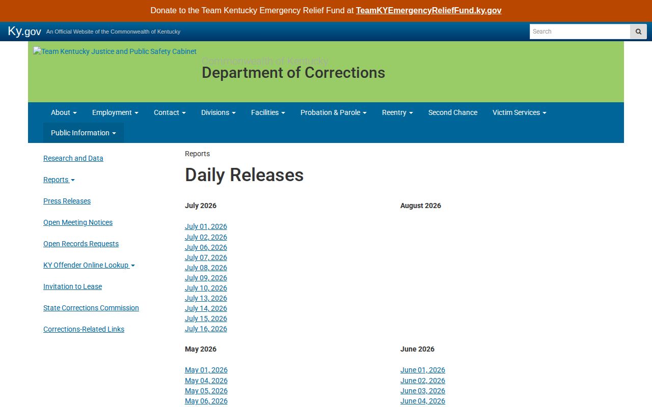 Kentucky Department of Corrections Daily Releases archive