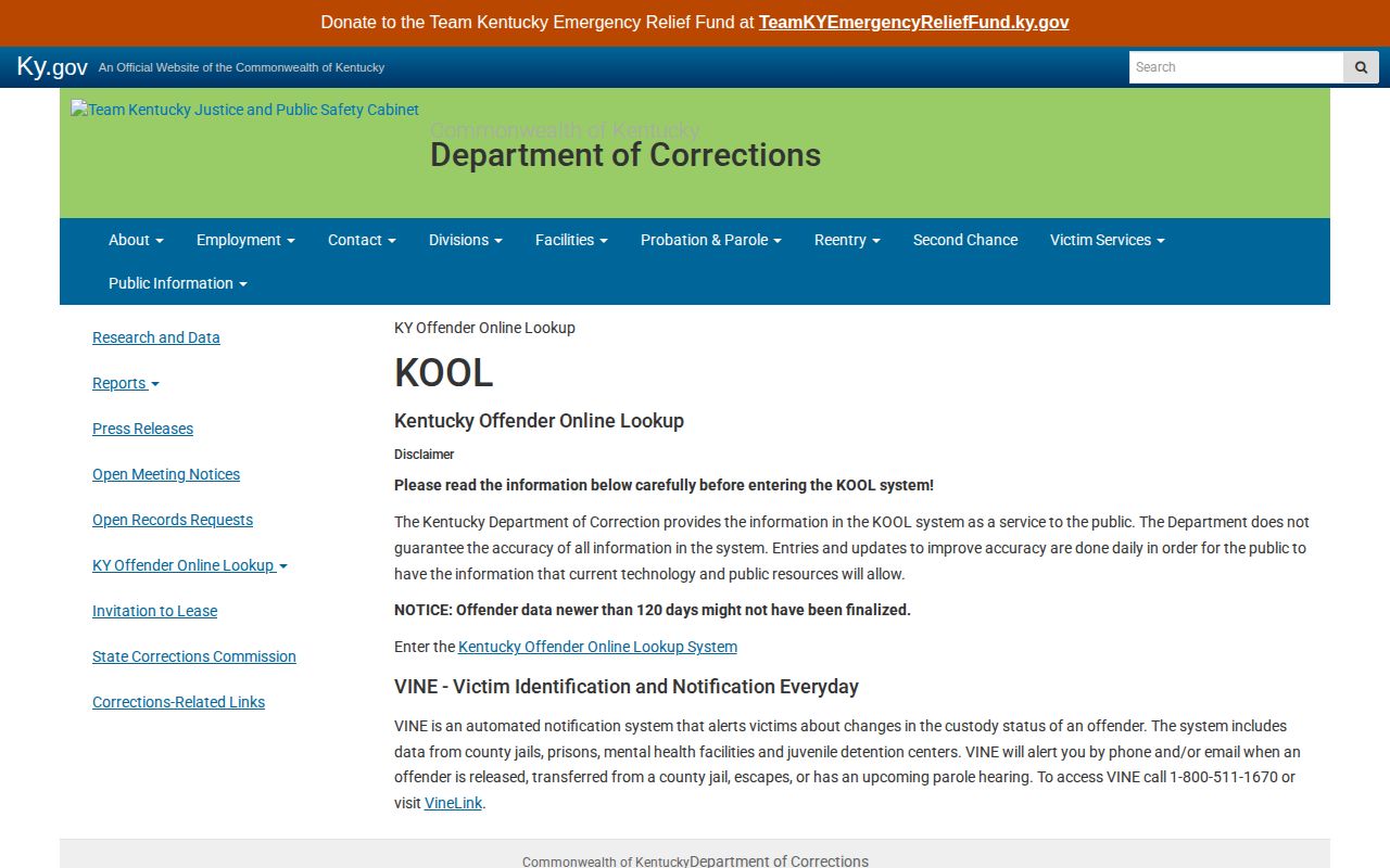 KDOC KOOL notice for Nelson County released inmate records